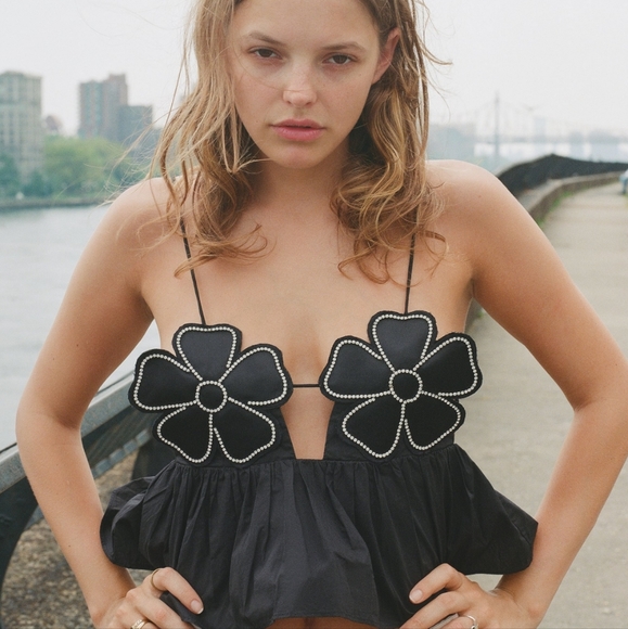 New Zara Rhinestone Floral Poplin Top - 7521/009 - Picture 3 of 15